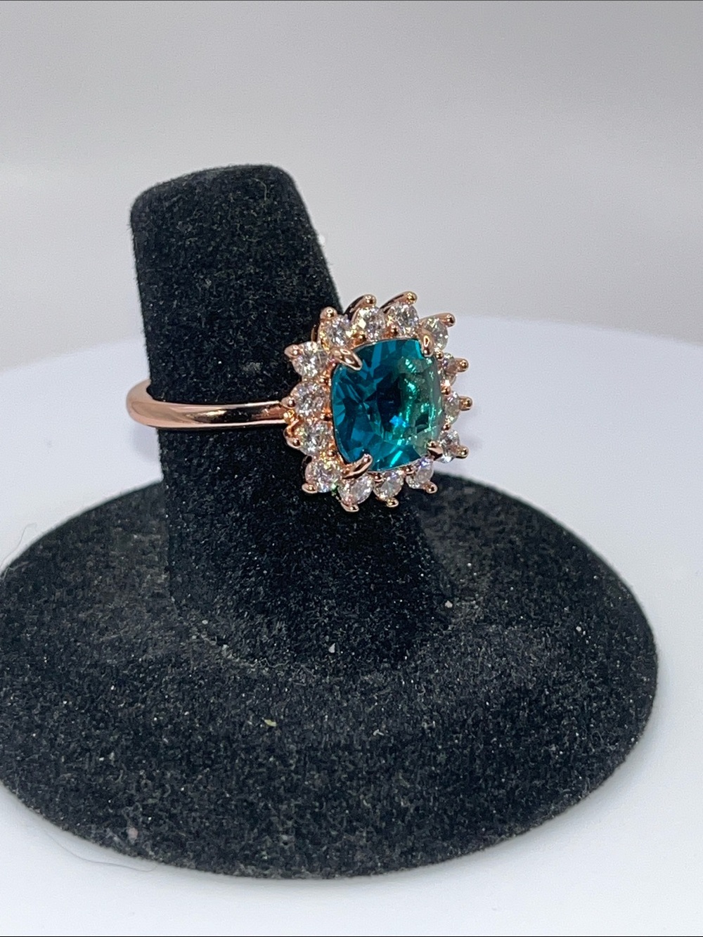 Bomb Party Teal Cushion-Cut Halo Ring in Rose Gold-Tone Size 9